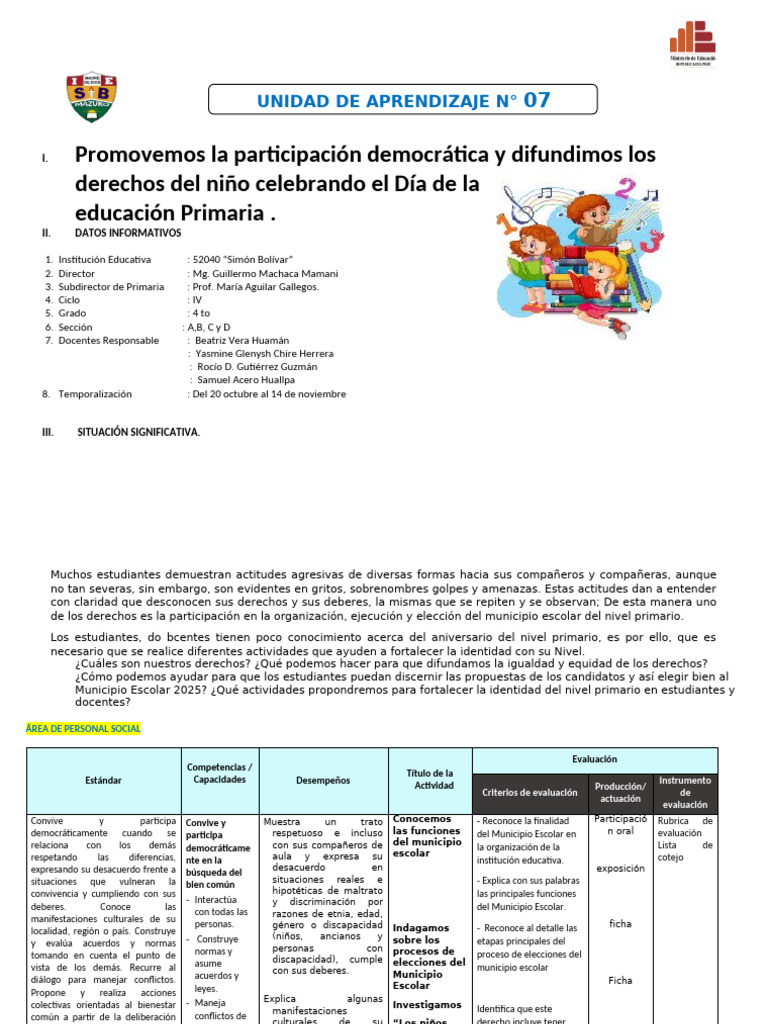 UNIDAD DE APRENDIZAJE N°07 de 4to Grado ABCD Prim Final | PDF ...