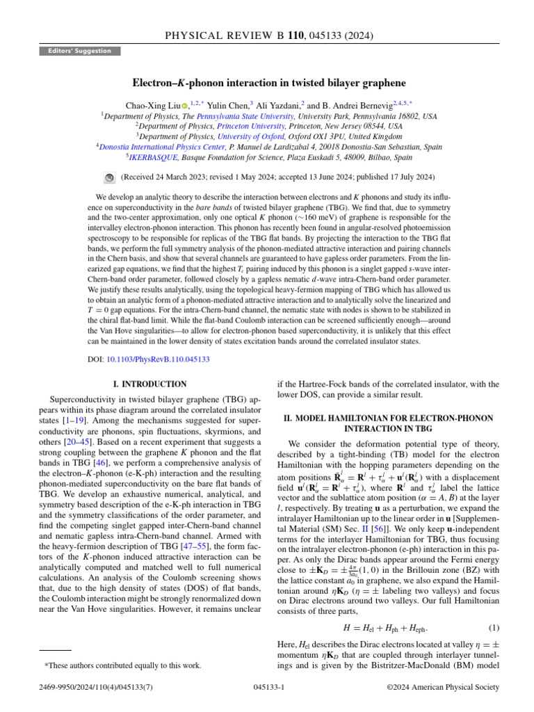 Electron-K-phonon Interaction in Twisted Bilayer Graphene | PDF ...