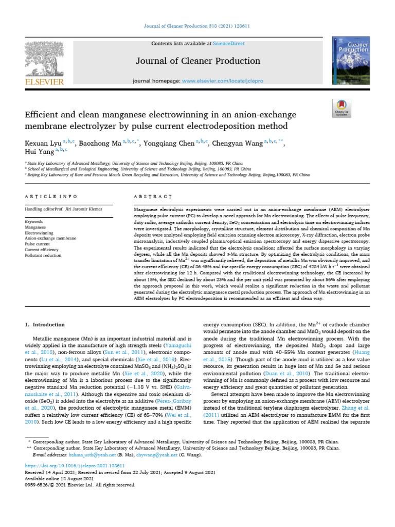 Efficient and Clean Manganese Electrowinning in An Anion-Exchange ...