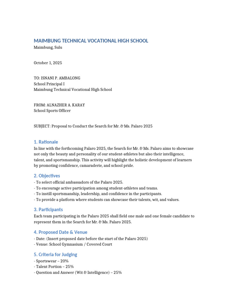 Proposal for Mr. & Ms. Palaro 2025 | PDF