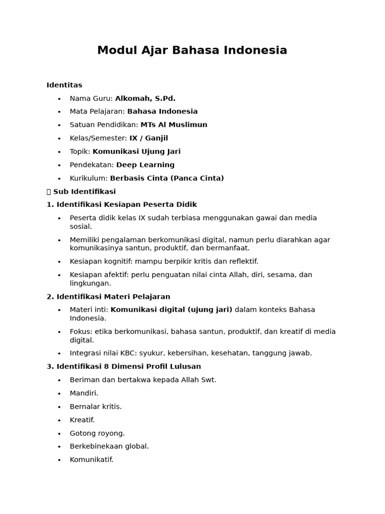 Modul Ajar Bahasa Indonesia Kelas IX | PDF