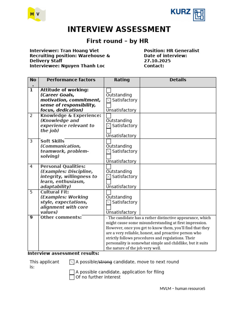 HR Interview Assessment for Warehouse Staff | PDF