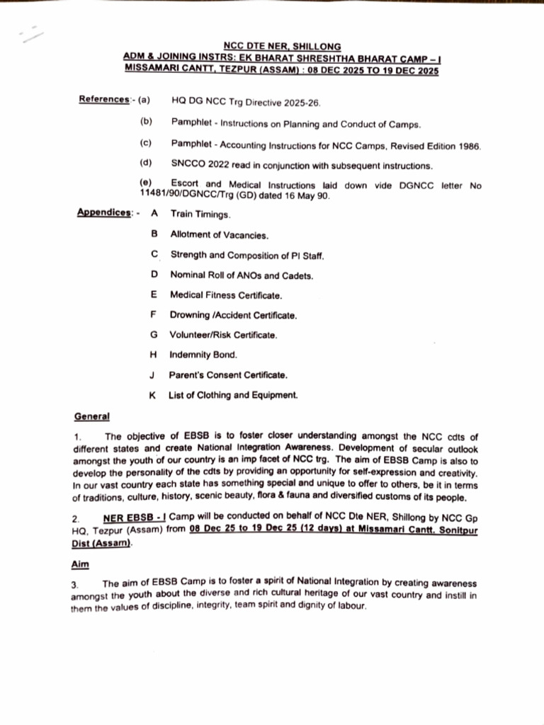 NCC EBSB Camp 2025 Guidelines | PDF
