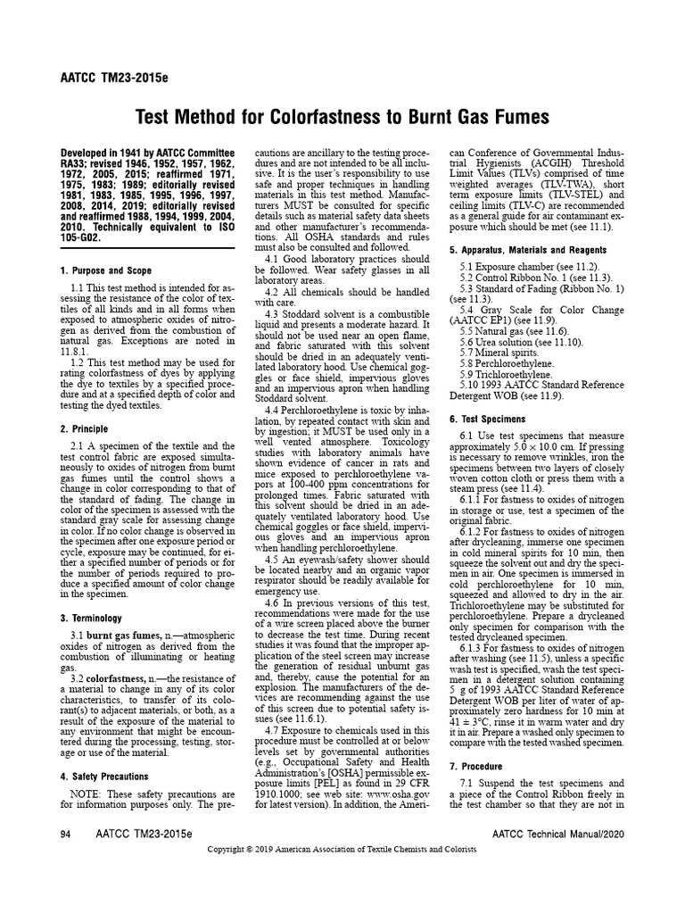 AATCC TM23-2015e Test Method For Colorfastness To Burnt Gas Fumes | PDF