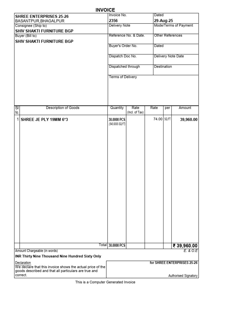 Invoice for SHREE ENTERPRISES BGP | PDF