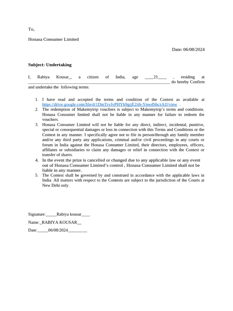 Undertaking Final - Signed | PDF