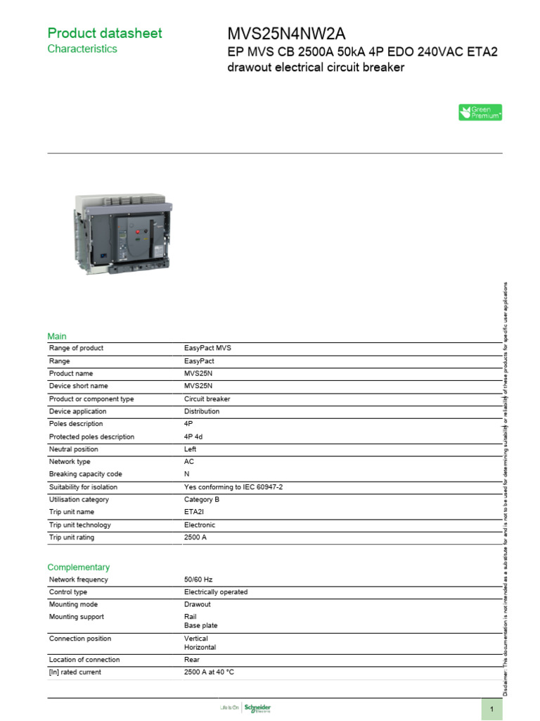 MVS25N 2500A 4P Circuit Breaker Datasheet | PDF | Alternating Current ...