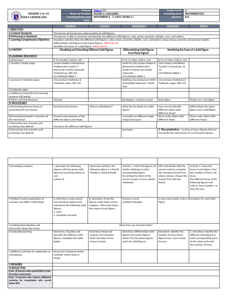 Grade 6 Math Daily Lesson Log | PDF | Shape | Learning