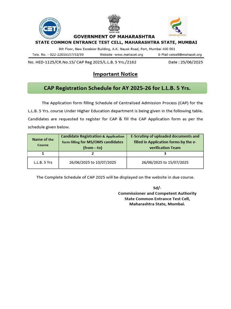 CAP Registration Schedule for L.L.B. 2025 | PDF