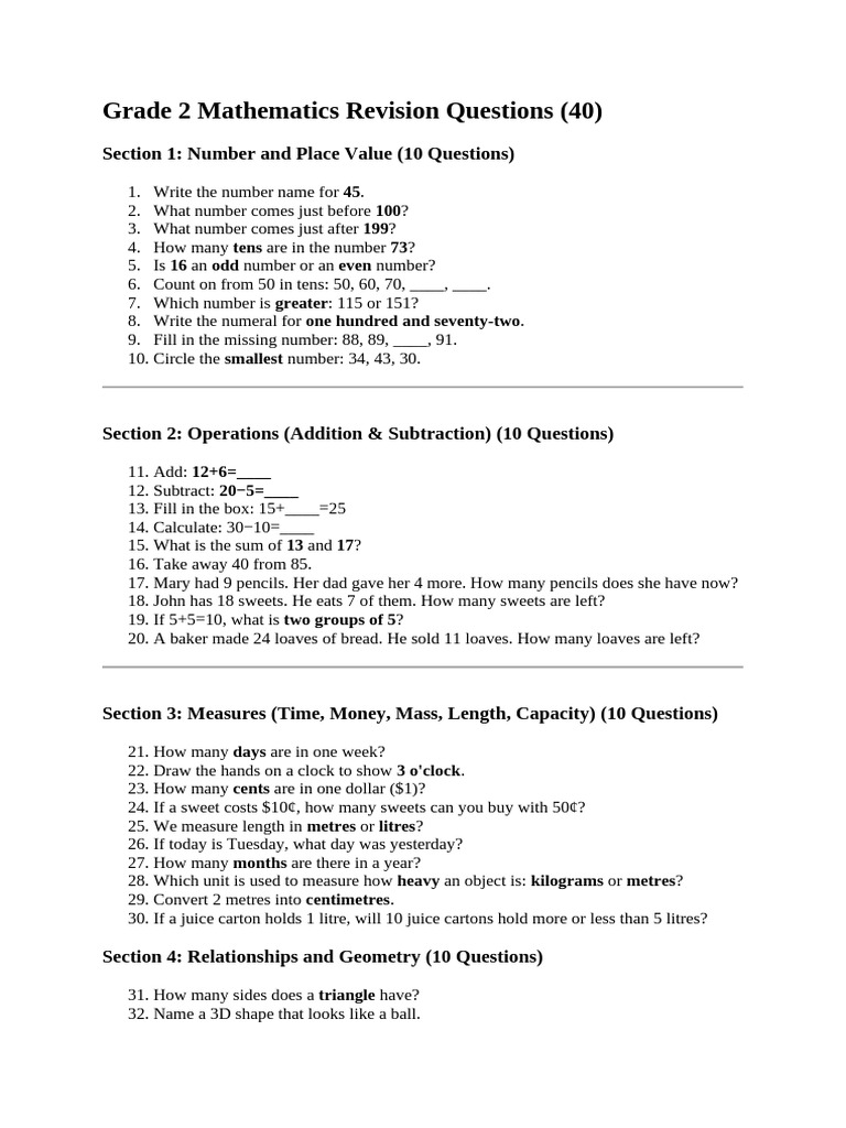 Grade 2 Math Revision Questions Guide | PDF