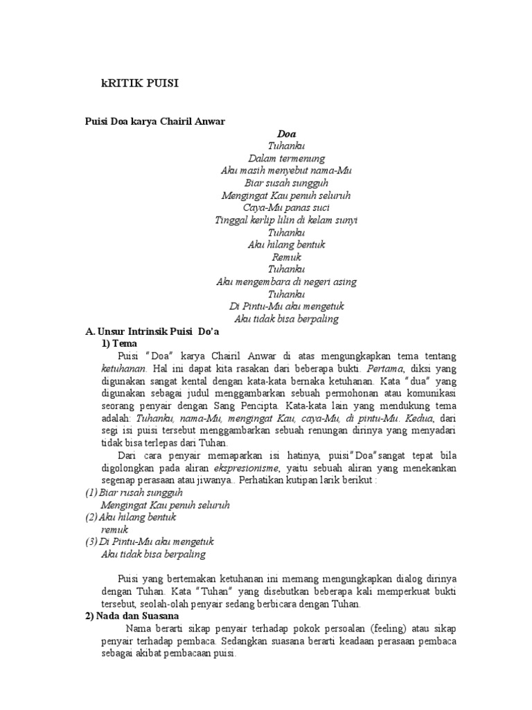 Puisi Karya Chairil Anwar Berjudul Doa KT Puisi
