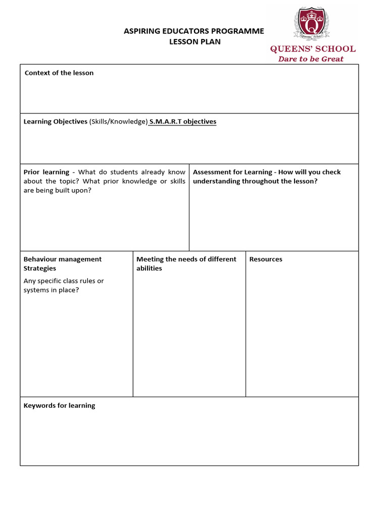 Aspiring Educators Programme Lesson Plan: (Skills/Knowledge) | PDF