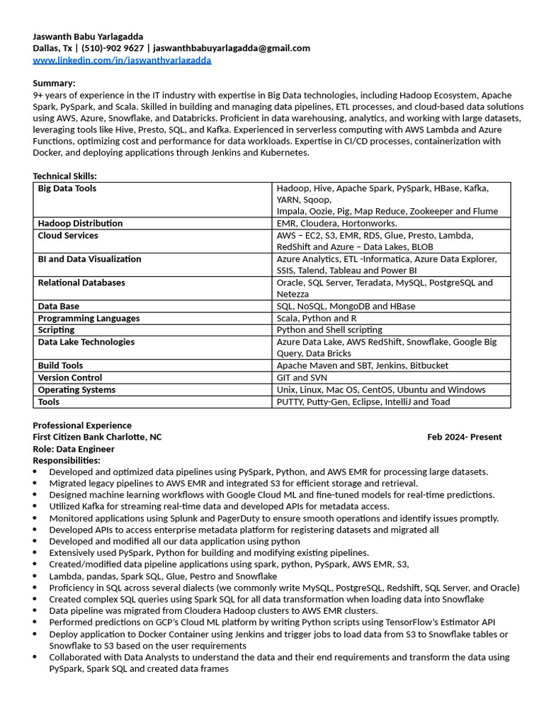 Data Engineer Resume: Big Data & Cloud Expertise | PDF | Apache Spark ...