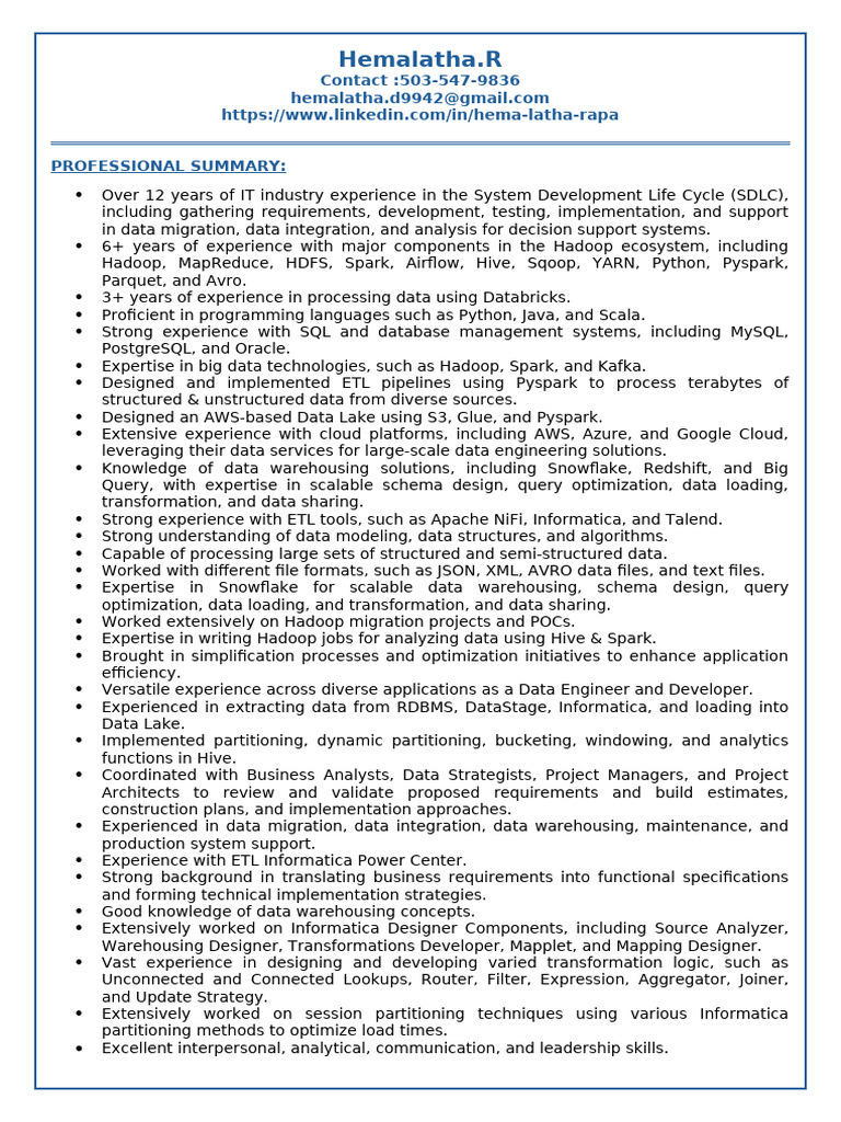 Senior Data Engineer with Big Data Expertise | PDF | Apache Spark ...