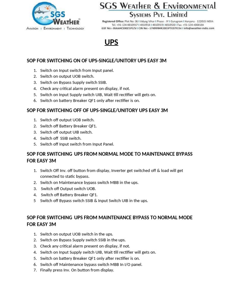 UPS Operation SOP for Easy 3M | PDF