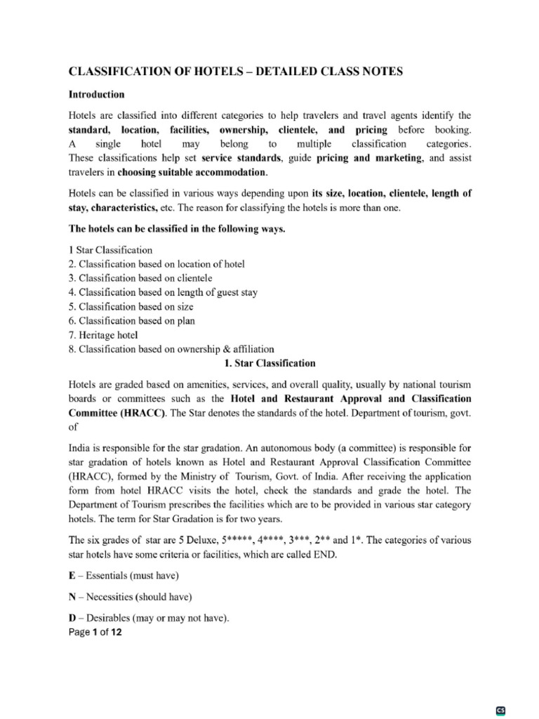 Classification of Hotels | PDF