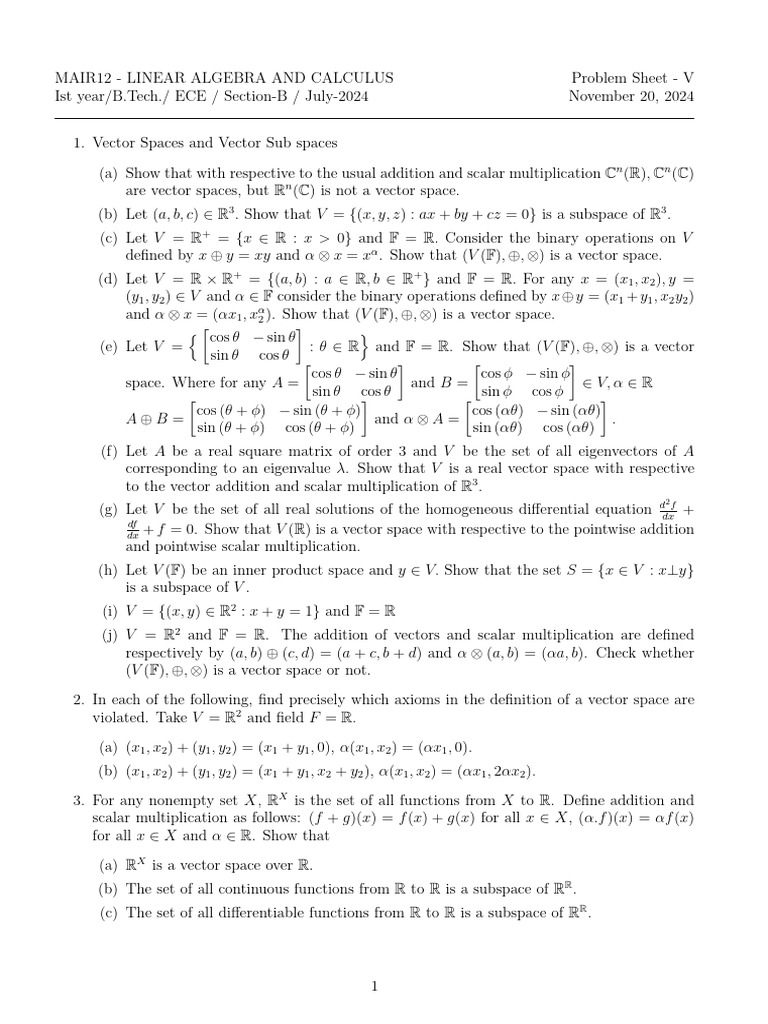 Linear Algebra & Calculus Problem Sheet V | PDF | Linear Subspace ...
