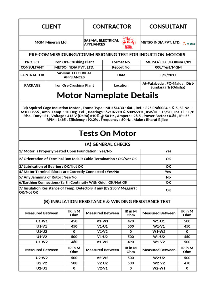 Induction Motor Pre-Commissioning Test Report | PDF | Electric Motor ...