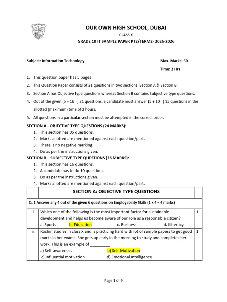 Grade 10 IT Sample Paper 2025-2026 | PDF | Data Type | Spreadsheet