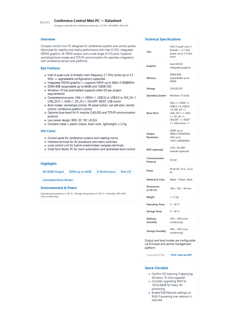 Conference Control Mini PC Datasheet | PDF | Usb | Booting
