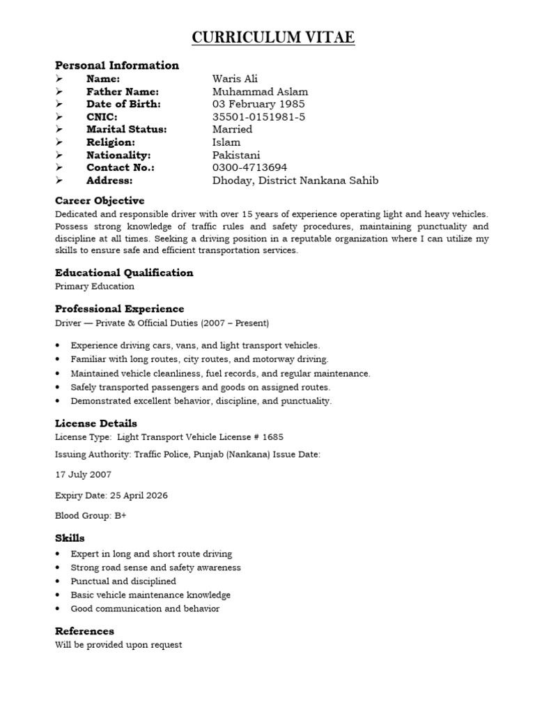 Experienced Driver CV - Waris Ali | PDF