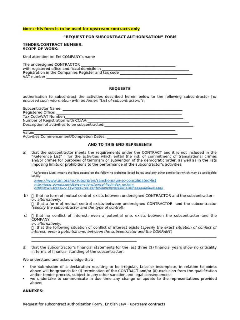 Subcontract Authorization Request Form | PDF | Subcontractor ...