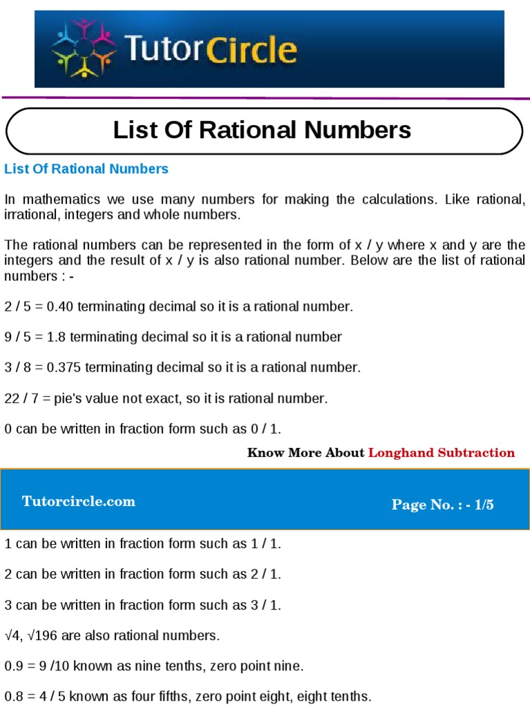 List Of Rational Numbers Rational Number Numbers