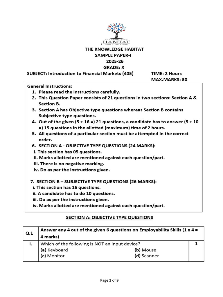 Grade X Financial Markets Sample Paper | PDF | Investing | Investment Fund