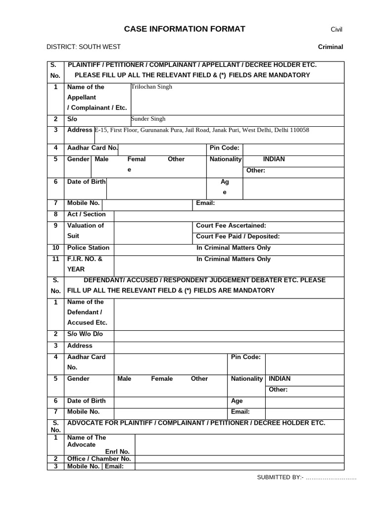 Civil and Criminal Case Information Form | PDF | Plaintiff | Judiciaries