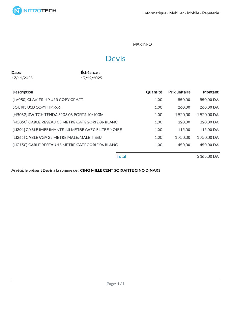 Devis matériel informatique détaillé | PDF