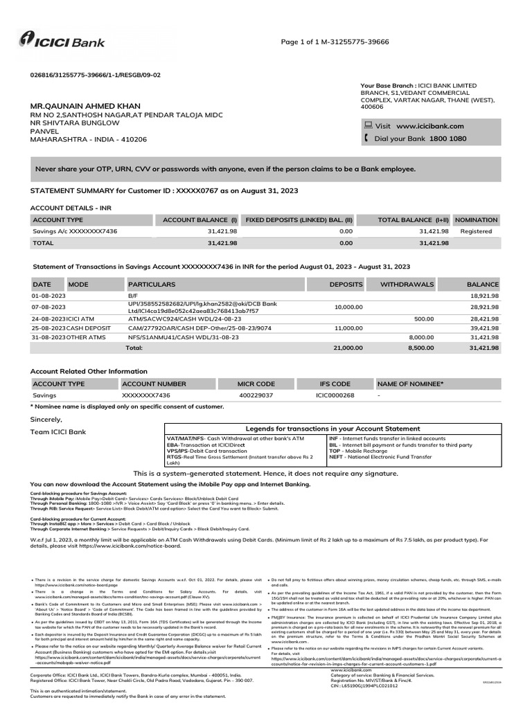 Statement 2023MTH08 767519820 | PDF | Debit Card | Insurance