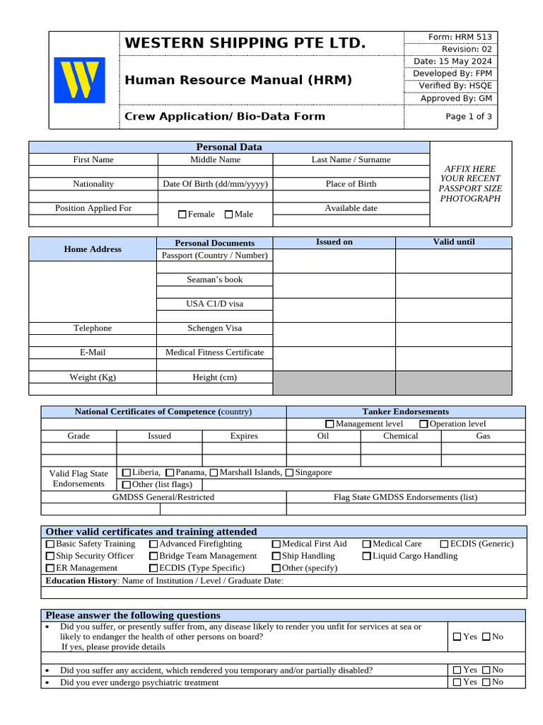 HRM 513 Crew Application Bio-Data Form | PDF | Oil Tanker | Shipping