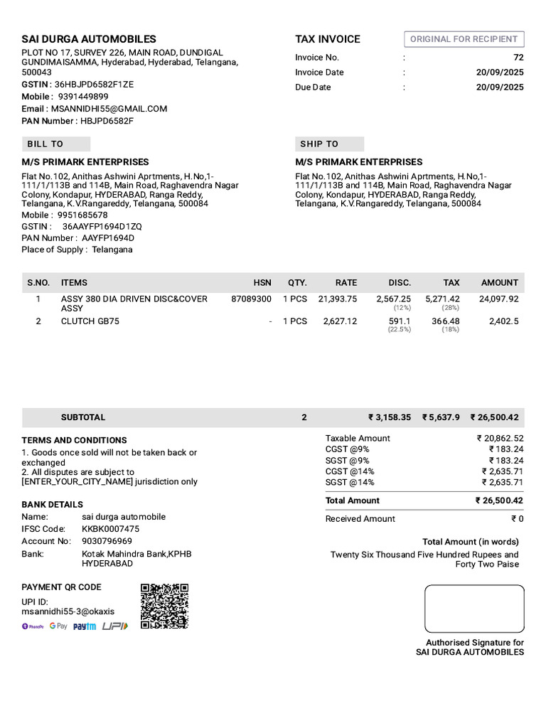 M S Primark Enterprises Sales Invoice 72 | PDF | Payments | Taxes