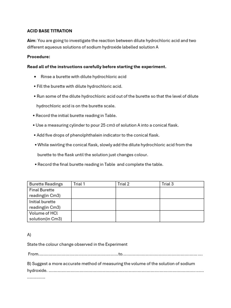 Acid-Base Titration Experiment Guide | PDF