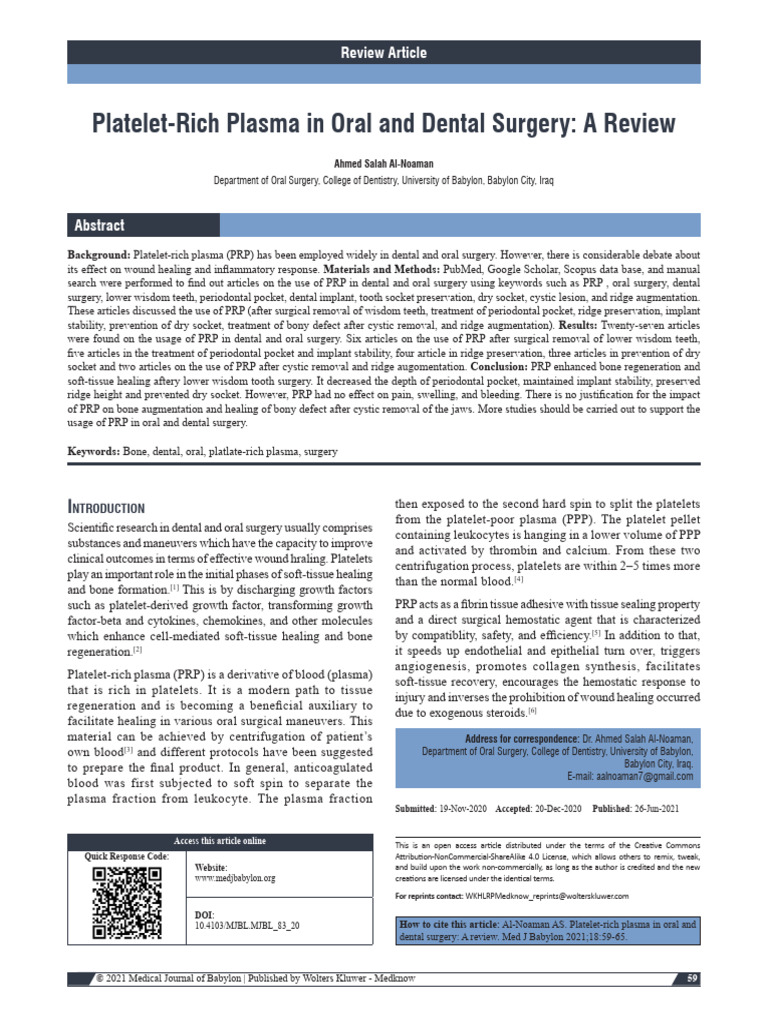 Platelet Rich Plasma in Oral and Dental | PDF | Dental Implant | Platelet