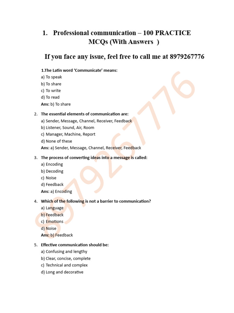 Professional Communication MCQs with Answers | PDF | Communication ...