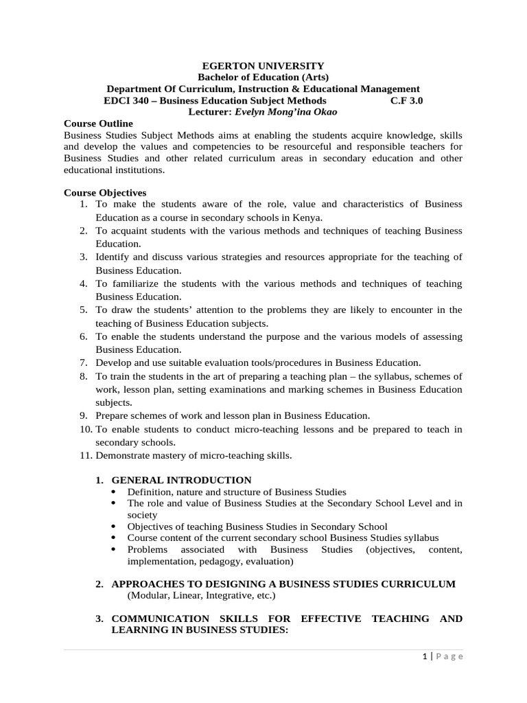 Business Education Methods Course Outline | PDF | Teachers | Curriculum
