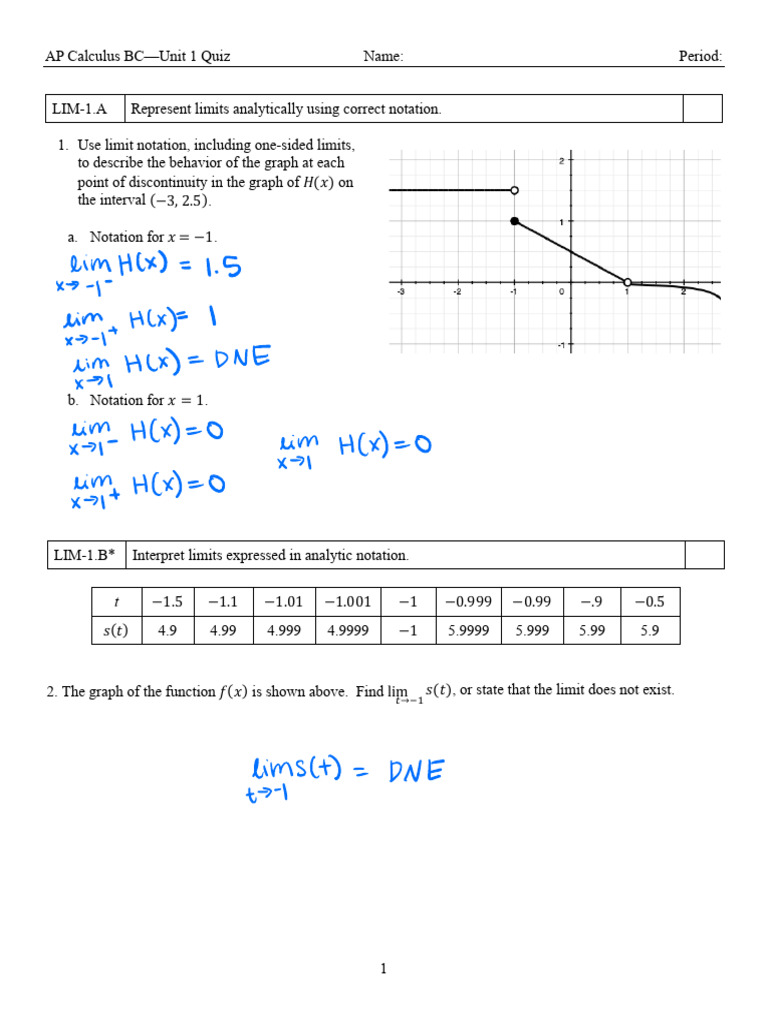 0.90+Unit+1+Quiz+D+KEY | PDF | Function (Mathematics) | Limit (Mathematics)