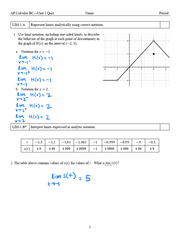 0 90+Unit+1+Quiz+C+KEY | PDF | Function (Mathematics) | Continuous Function