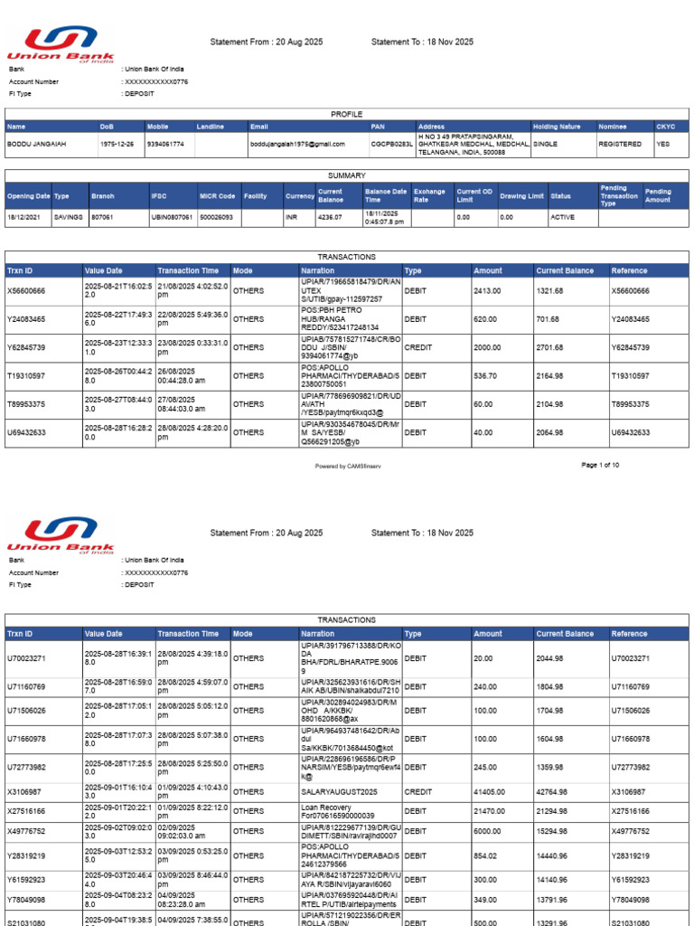 Union Bank Account Statement 2025 | PDF | Debits And Credits | Banking