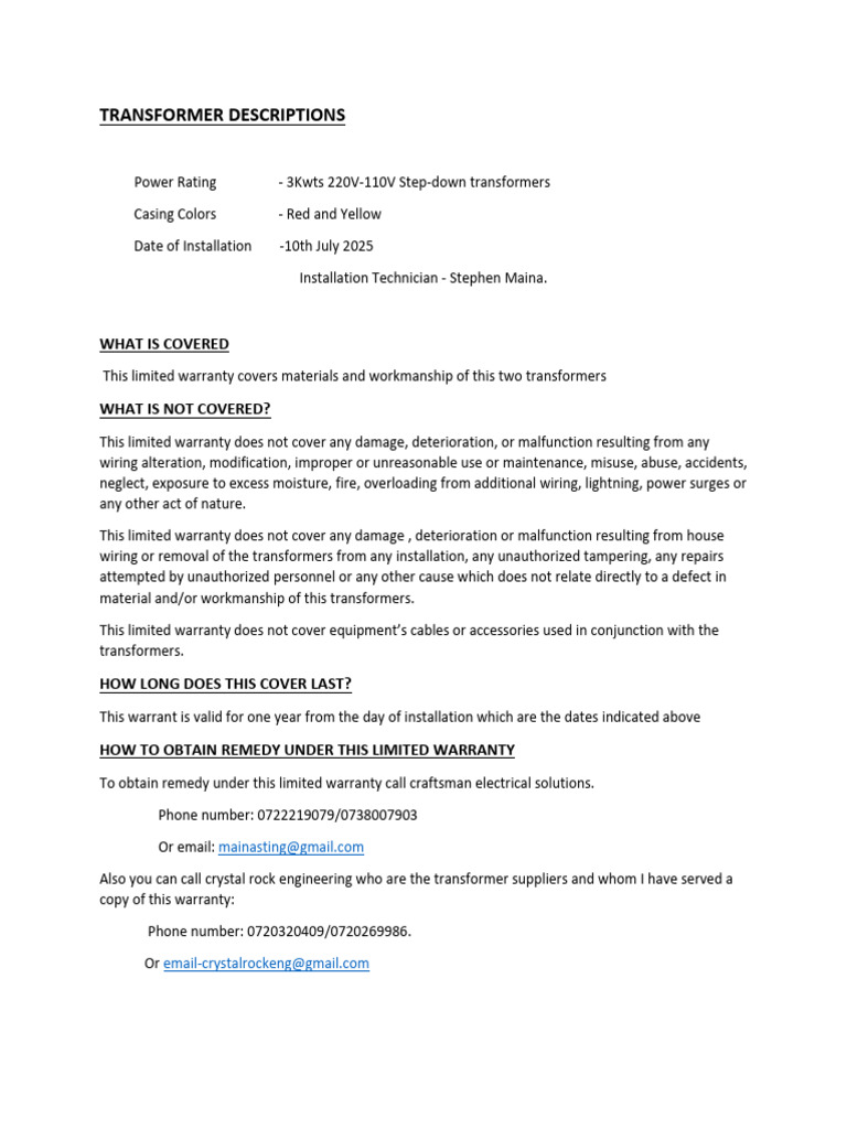 Transformer Descriptions | PDF