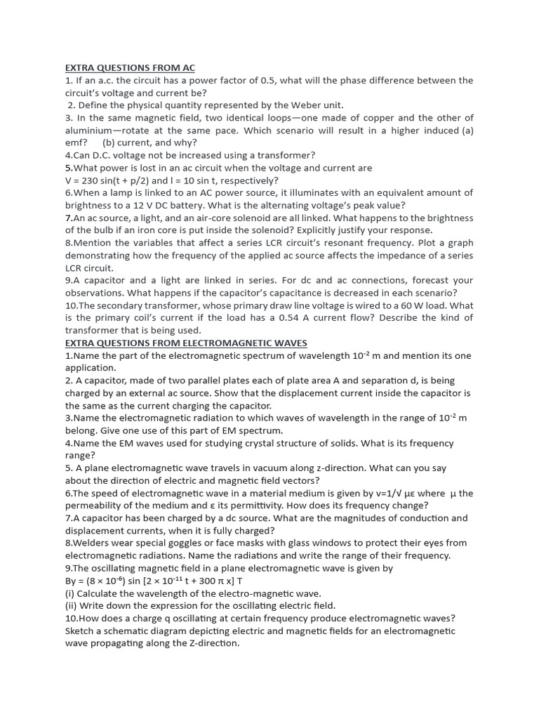 Extra Questions From Ac and em Waves | PDF | Electromagnetic Radiation ...