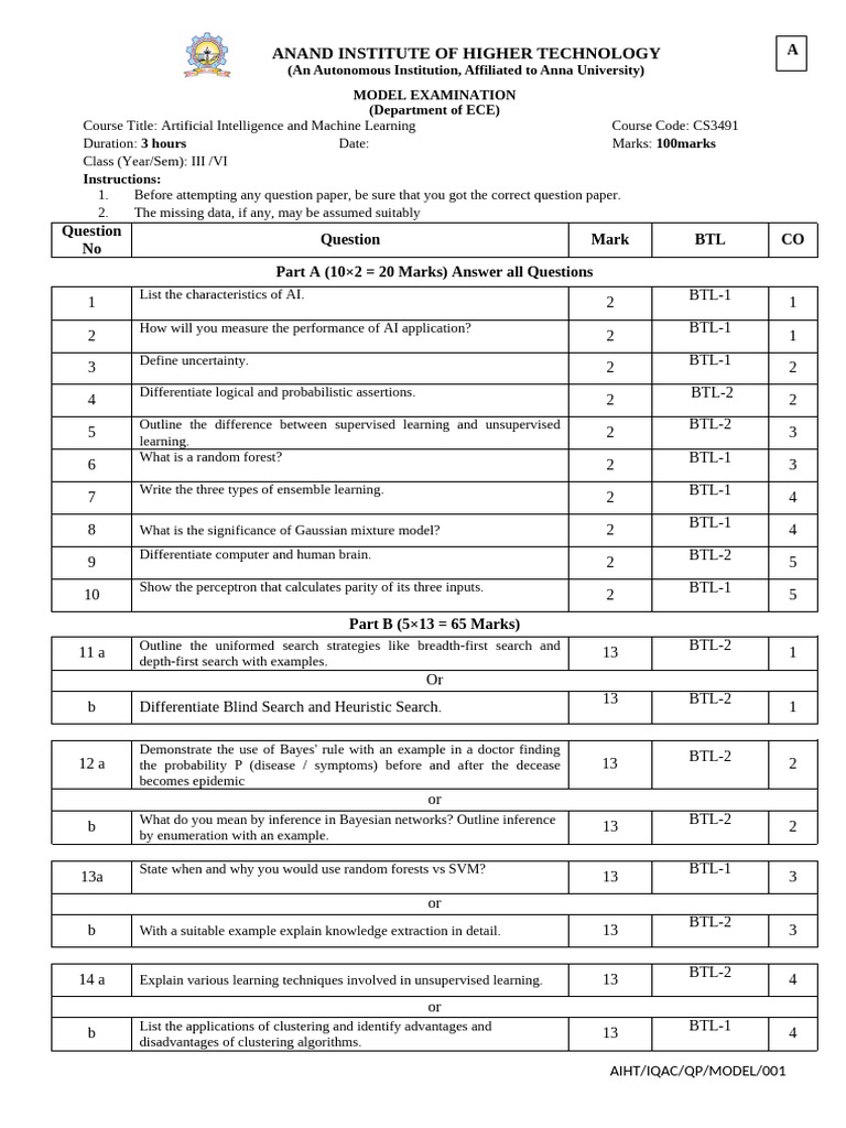 VI SEM ECE-Model QP Format SET-A-CS3491 Artificial Intelligence and ...