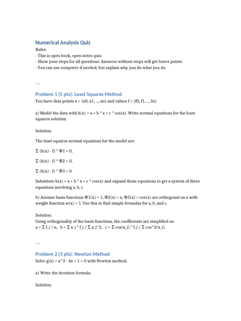 Numerical Analysis Quiz With Equations | PDF
