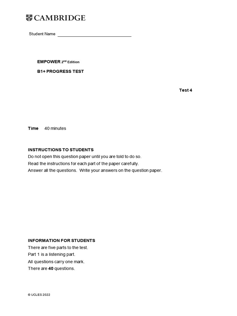 Empower Second Edition B1+ Unit Progress Test 4 - Version A | PDF