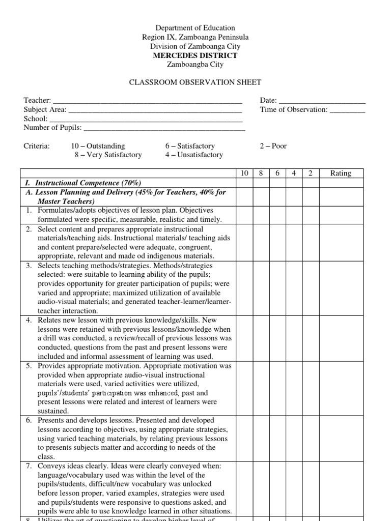 Class observation sheet educational assessment lesson plan free