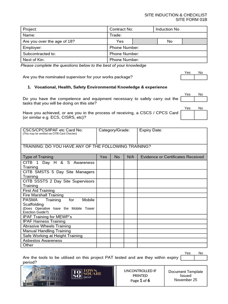 Site Induction Checklist Template | PDF | Personal Protective Equipment ...
