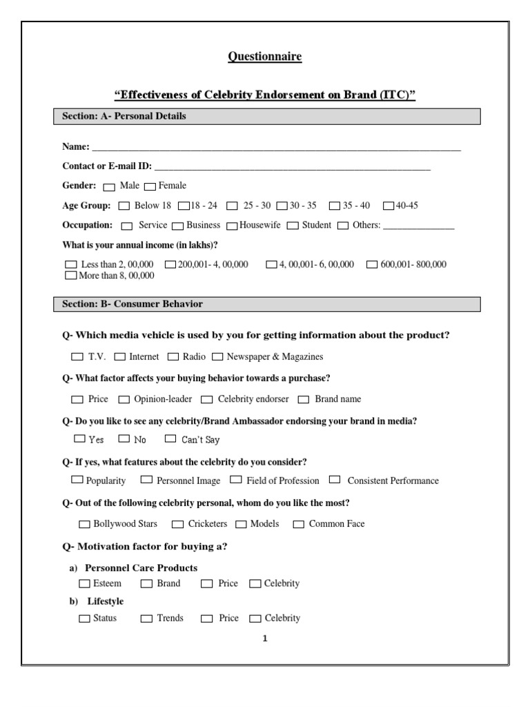 Questionnaire Brand Effectiveness PDF Celebrity Brand
