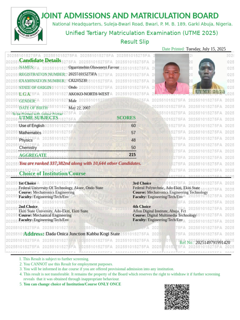 Oguntimehin Oluwaseyi Favour Result Slip | PDF | Qualifications