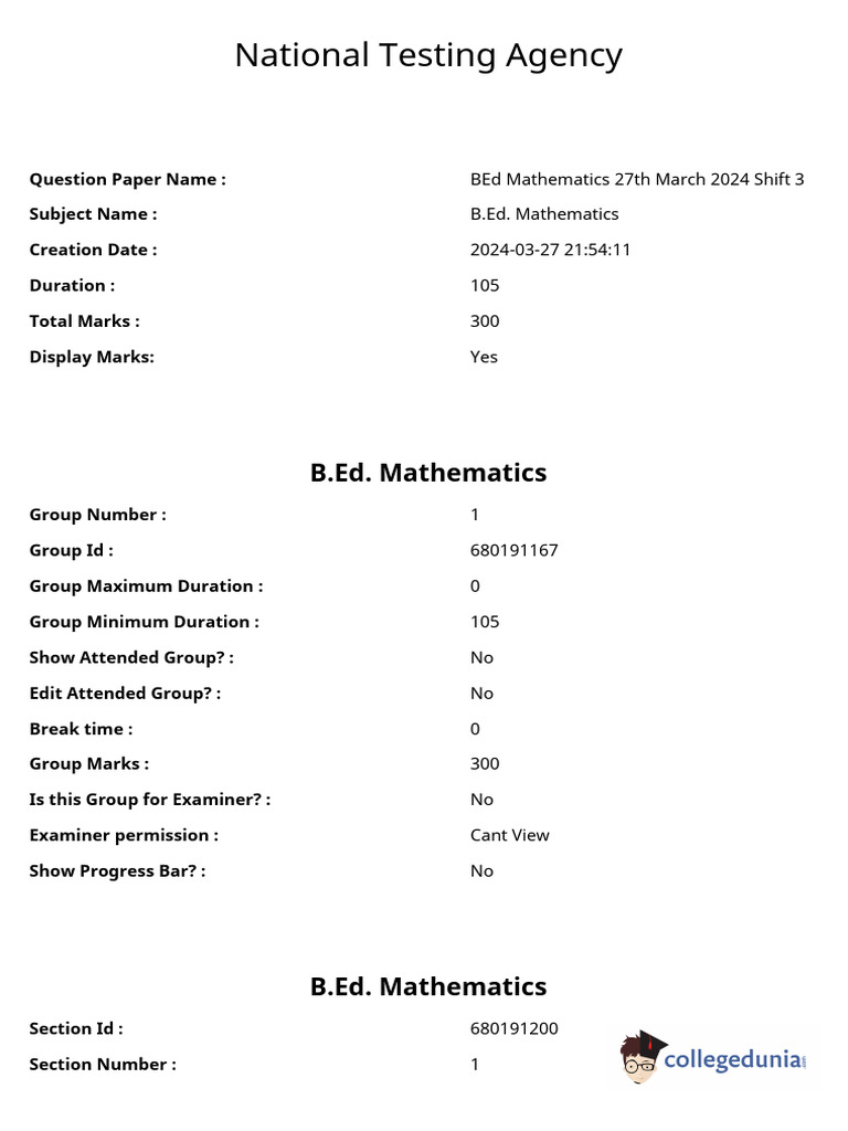 BEd Mathematics Exam Paper 2024 | PDF | Multiple Choice | Student ...